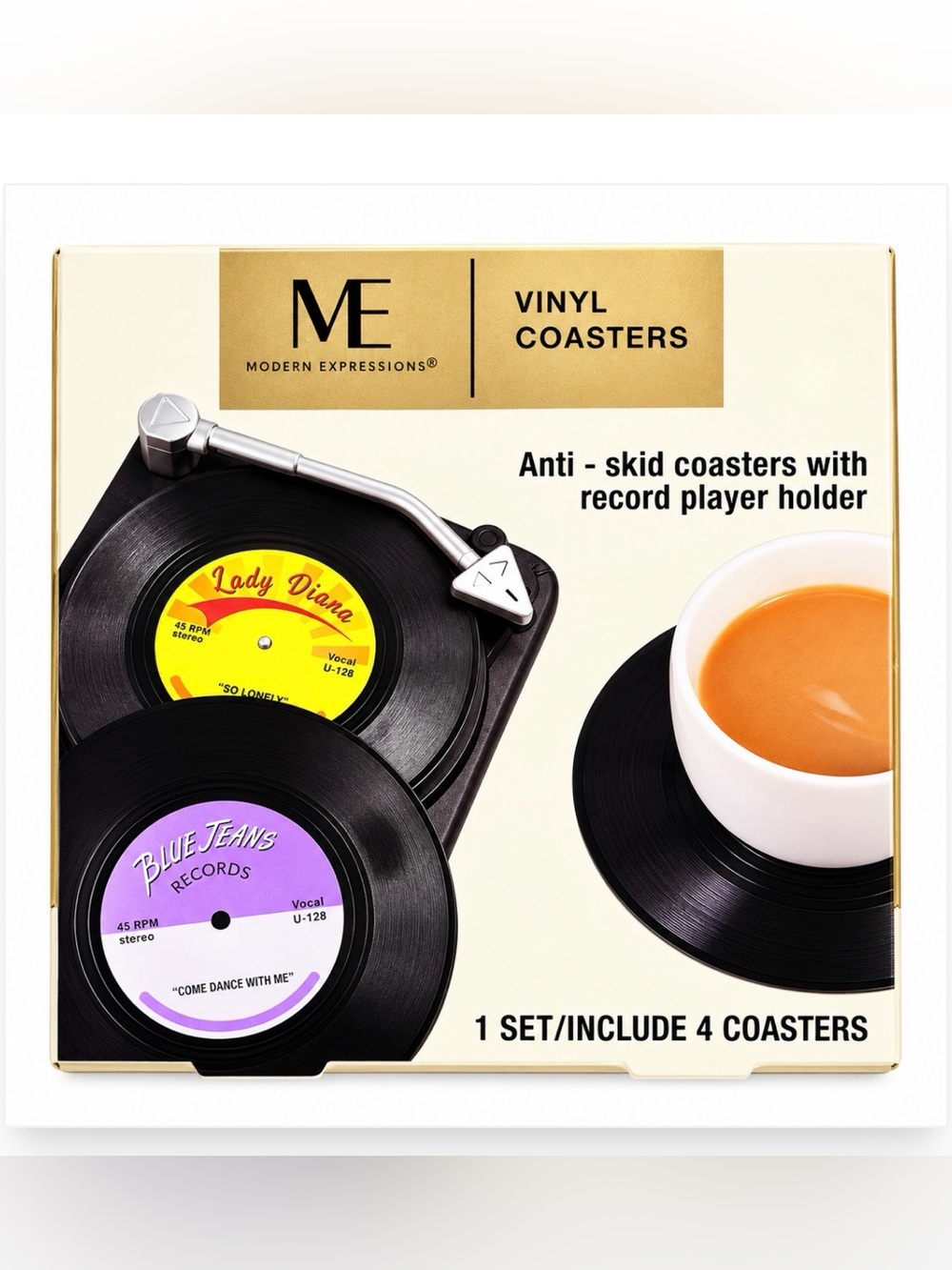 NIB Set of 4 Record Coasters with Record Player as Holder